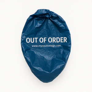 OUT OF ORDER URINAL AND TOILET COVER BLUE PLASTIC WITH PLASTIC PIPE FASTENER