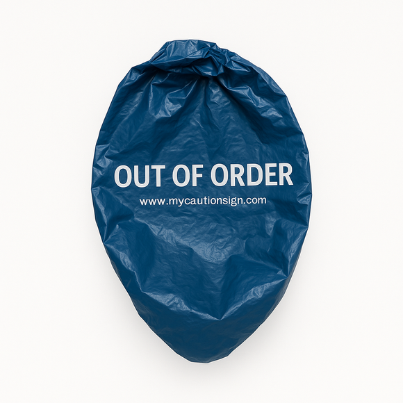 OUT OF ORDER URINAL AND TOILET COVER BLUE PLASTIC WITH PLASTIC PIPE FASTENER