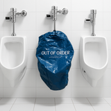 OUT OF ORDER URINAL AND TOILET COVER BLUE PLASTIC WITH PLASTIC PIPE FASTENER